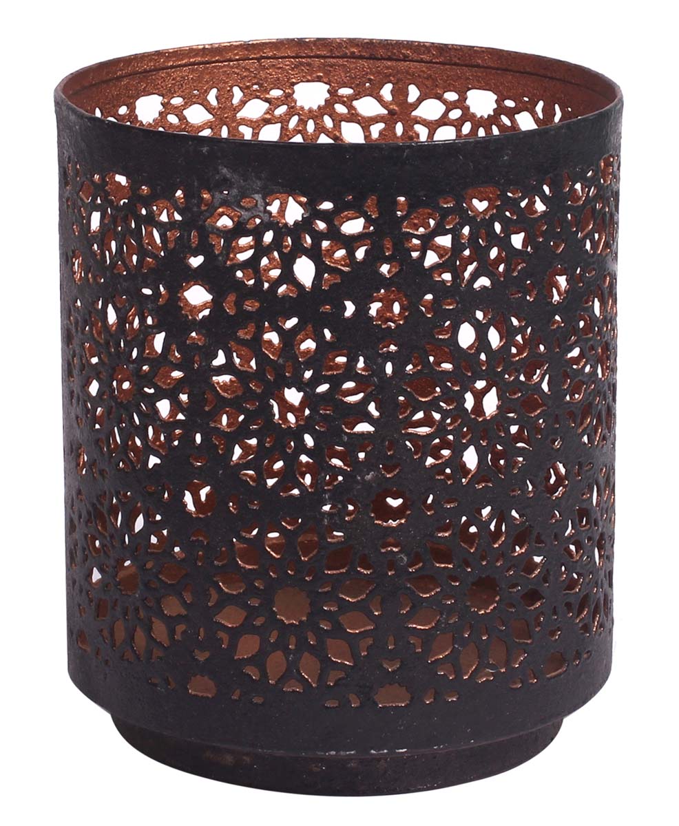 Handmade Round-Shaped Tea-Light Candle Holder in Iron - Black & Copper Color Finish - Traditional Motifs Cut-Out Patterning - Metal Votive Candle Stands - Table-Top Decorations - Buy in Bulk Wholesale